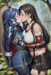2_girls against_tree armor bangs bare_shoulders big_breasts black_gloves black_hair black_legwear black_skirt black_thighhighs blue_armor blue_cape blue_gloves blue_hair blush bopitphy breast_grab breast_press breasts cape closed_eyes collarbone couple crossover day duo dutch_angle earrings female/female female_only femdom femsub final_fantasy final_fantasy_vii final_fantasy_vii_remake fingerless_gloves fire_emblem fire_emblem_awakening fog foggy forest gloves hair_between_eyes jewelry kissing legs legwear lezdom lezsub long_hair love low-tied_long_hair lucina lucina_(fire_emblem) midriff miniskirt multiple_girls mutual_yuri nature navel neck nintendo outside romantic romantic_couple silver_earrings silver_jewelry skirt sleeveless small_breasts square_enix standing stockings straight_hair streaked_hair suspenders swept_bangs tank_top thighs tied_hair tifa_lockhart tree white_tank_top yuri
