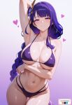  1girl ai_generated arm_behind_head arm_under_breasts big_breasts bikini blush braided_ponytail breasts female_only genshin_impact hair_accessory hair_ornament head_accessory head_ornament hearts long_hair purple_bikini purple_eyes purple_hair raiden_shogun solo_female sweat sweatdrop sweating sweaty yumeyasha 