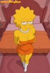 1girl 20th_century_studios bed female_focus fox_corporation grabbing_breasts hotel_room jewelry lisa_simpson pearl_necklace pervytown red_dress room seductive_pose small_breasts spiked_hair standing the_simpsons yellow_skin younger_female