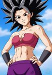  1girl bangs bare_arms bare_shoulders black_eyes black_hair breasts caulifla cleavage cloud collarbone day dirty dirty_face dirty_skin dragon_ball dragon_ball_super female_only female_solo from_below grin hair_up hands_on_hips long_hair looking_at_viewer looking_down medium_breasts midriff mrfluffypotato naughty_face navel neck outside pants parted_bangs parted_lips pink_tubetop purple_pants saiyan saiyan_girl sky small_breasts smile spiky_hair standing strapless toei_animation tubetop 