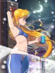 1girl adult_swim alluring arm_behind_head arm_up artist_name balcony bare_arms bishoujo_senshi_sailor_moon bishoujo_senshi_sailor_moon_r bishoujo_senshi_sailor_moon_r_the_movie bishoujo_senshi_sailor_moon_s bishoujo_senshi_sailor_moon_s_the_movie bishoujo_senshi_sailor_moon_supers bishoujo_senshi_sailor_moon_supers_the_movie blonde_hair blue_bra blue_eyes blue_pants blurry blurry_background blush bow bra breasts closed_mouth coffee_mug commentary cowboy_shot crescent_moon cup drawstring drinking_glass earrings hair_bow high_res holding holding_cup jewelry kagato007 legs_together long_hair looking_afar minako_aino moon mug navel night outside pants profile red_bow small_breasts snowing standing stomach toei_animation toonami underwear untranslatable_commentary variant_set very_long_hair viz_media watermark web_address wind yoga_pants