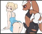  1boy 1girl accessory anthro arm_tuft ass balls black_clothing black_penis black_sclera black_thong black_underwear blonde_hair blue_clothing blush bodily_fluids bottomwear brown_body brown_fur caught caught_in_the_act caught_off_guard caught_staring clothed clothed_anthro clothed_female clothing clothing_lift cum cum_drool dress dress_lift duo ear_tuft erection eyeshadow female_on_anthro fluffy_(artist) fluffy_tail fur generation_6_pokemon genital_fluids genitals hair hair_accessory hair_tie hands_on_hips human human_on_anthro interspecies latex latex_clothing latex_legwear legwear long_ears looking_at_viewer looking_back lopunny mafufim makeup male male/female male_lopunny male_on_human male_pokemon/female_human mammal mega_evolution mega_lopunny nintendo partially_clothed penis pink_eyes pokemon pokemon_(species) pokephilia presenting presenting_hindquarters presenting_penis princess_(trainer) shirt sweat sweatdrop tail tank_top thong topwear torn_bottomwear torn_clothing tuft twin_tails underwear white_body white_fur wrist_tuft 