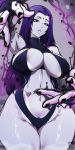  1girl areola_slip arm_up armpits bare_shoulders bayeuxman big_breasts black_leotard black_nails breasts cape cleavage colored_pubic_hair colored_skin commentary_request curvy dc_comics female female_pubic_hair fingernails forehead_jewel grey_skin high_res leotard lips long_hair looking_at_viewer nail_polish narrow_waist navel outstretched_arms plump pubic_hair purple_eyes purple_hair raven_(dc) ruby_(gem) short_hair solo superhero_costume tamaranean tan tan_line teen_titans thick_thighs thighs wide_hips 