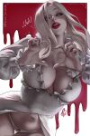 1girl 1girl 1girl 1girls 2026 alternate_version_available big_breasts boob_window capcom dress eyelashes female_only grin heart_hands long_hair looking_at_viewer narrowed_eyes olchas pale-skinned_female pale_skin panties red_lipstick resident_evil resident_evil_9 resident_evil_9:_requiem resident_evil_requiem selena_corey smiling_at_viewer standing standing_up white_dress white_eyes white_hair zombie zombie_girl