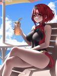 1girl absurd_res alluring artist_name beach_chair beach_umbrella big_breasts black_one-piece_bikini blue_sky bob_cut breasts chair chest_jewel closed_mouth commentary_request completion_time core_crystal_(xenoblade) crossed_legs cup drink drinking_straw earrings feet_out_of_frame gem green_gem high_res holding holding_cup holding_drink jewelry looking_at_viewer on_chair one-piece_bikini pyra_(pro_swimmer)_(xenoblade) pyra_(xenoblade) red_eyes red_hair riro_(breakthrough_rr) short_hair sidelocks sitting sky smile swept_bangs swimsuit table tiara turtleneck turtleneck_one-piece_bikini twitter_x_logo umbrella xenoblade_(series) xenoblade_chronicles_2