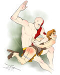 2012 2boys anger_vein arm_behind_back bald bald_man blue_eyes crossover disney god_of_war half_siblings handprint_on_ass hercules_(character) hercules_(disney) kratos male male_only older_male_and_younger_male otk otk_spanking over_the_knee over_the_knee_spanking spanking strawberry_blonde_hair tattoo underwear_down yaoi_master_forever