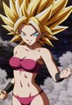  1girl adapted_costume arm_at_side bangs bare_arms bare_shoulders black_background blonde_female blonde_hair blue_eyes bra breasts caulifla cleavage clenched_hands cloud collarbone dragon_ball dragon_ball_super female_only female_solo grin hair_up hand_up lingerie long_hair looking_at_viewer medium_breasts midriff mrfluffypotato naughty_face navel neck panties parted_bangs parted_lips pink_bra pink_lingerie pink_panties pink_tubetop pink_underwear saiyan saiyan_girl small_breasts smile spiky_hair strapless strapless_bra super_saiyan super_saiyan_2 toei_animation tubetop underwear 