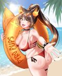 1girl beach big_breasts bikini black_bracelet black_choker blush bracelets breasts brown_hair choker female_only floaty hellhound indie_virtual_youtuber indie_vtuber long_hair natiiboop necklace orange_eyes outside ponytail red_bikini sinder_(vtuber) smile solo_female spiked_bracelets sunglasses sunglasses_on_head thighlet virtual_youtuber vtuber wolf_ears wolf_girl