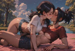  2_girls bare_arms bare_legs big_breasts black_hair blue_shorts blush breast_press breasts cleavage closed_eyes collarbone couple denim denim_shorts dragon_ball dragon_ball_super dragon_ball_z duo earrings female/female female_only forest girl_on_top gold_earrings gold_jewelry high_ponytail jewelry kale kale_(dragon_ball) kissing legs long_hair love low_twintails midriff multiple_girls mutual_yuri nature navel neck outside ponytail red_shirt river romantic romantic_couple rynxieai saiyan saiyan_girl shadow shirt short_hair short_shorts short_sleeves shorts sunset thighs tied_hair toei_animation tree twin_tails under_boob videl water white_shirt yuri 