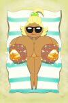  1girl 1girl 1girl apple_cookie beach_towel big_breasts blonde_hair cookie_run female_only golden_bikini golden_week green_eyes hyper_breasts hyper_nipples jeffery7531 lying lying_on_back solo_female sunglasses 