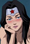  1girl amazon bangs bare_arms bare_shoulders black_hair blue_background blue_eyes blush breasts cleavage closed_mouth collarbone dc_comics diana_prince female_only female_solo half-closed_eyes hand_up heroine jewelry lavender_lipstick lips lipstick long_hair looking_at_viewer makeup medium_breasts mrfluffypotato naughty_face neck parted_bangs purple_lipstick silver_jewelry simple_background smile star star_(symbol) star_print straight_hair superhero_costume superheroine themysciran tiara wonder_woman wonder_woman_(series) 