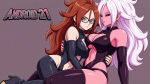 2_girls alternate_costume android android_21 arm_support bare_shoulders big_breasts black-framed_eyewear black_detached_sleeves black_legwear black_leotard black_nails black_sclera black_thighhighs breasts brown_hair brown_nails character_name cleavage cleavage_cutout closed_mouth clothing_cutout couple detached_sleeves dragon_ball dragon_ball_fighterz dual_persona duo earrings english_text female/female female_only glasses grey_eyes hair_between_eyes half-closed_eyes hoop_earrings hugging jewelry legwear leotard long_hair looking_at_viewer love majin_android_21 monster_girl mrfluffypotato multiple_girls mutual_yuri nail_polish naughty_face navel navel_cutout neck pink_skin pointy_ears red_eyes revealing_clothes romantic romantic_couple selfcest serious sitting sleeveless sleeveless_leotard sleeveless_turtleneck smile stockings text toei_animation turtleneck turtleneck_leotard under_boob very_long_hair white_hair yuri
