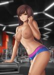 1girl 2d adapted_costume arm_support artist_logo bangs blizzard_entertainment blue_shorts blurry blurry_background breasts brown_eyes brown_hair clenched_hand collarbone cowboy_shot d.va detailed_background exercise_machine facepaint facial_mark female_only flowerxl gym hana_song indoors long_hair looking_at_viewer medium_breasts midriff navel nipples no_headwear overwatch overwatch_2 pants parted_lips skin_tight sports_shorts swept_bangs tight tight_pants topless topless_female whisker_markings