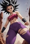 1girl abs angry arms_at_sides bangs bare_arms bare_shoulders black_eyes black_hair breasts caulifla cleavage clenched_hand collarbone dragon_ball dragon_ball_super female_only female_solo from_below grey_background hair_up long_hair looking_at_viewer looking_down medium_breasts midriff mrfluffypotato muscle muscle muscular muscular_female navel neck outside pants parted_bangs parted_lips pink_tubetop purple_pants rock saiyan saiyan_girl sky small_breasts spiky_hair standing strapless toei_animation torn_clothes torn_pants tubetop 