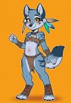 1girl ai-generated ai_generated clothed cub feather_hair_ornament feathers female_focus furry furry_female high_res leika_(zaush) loincloth looking_at_viewer native navel orange_background original original_character simple_background small_breasts smile standing wolf yellow_eyes younger_female zaush