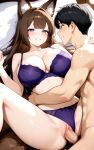 1boy 1girl ai_generated amagi_(azur_lane) azur_lane bedroom big_breasts blush bra bra_and_panties breasts brown_hair cleavage fox_ears fox_girl fox_tails in_bed legs_spread long_hair missionary_position morning naked_male nude nude_male panties panties_aside penis_in_pussy purple_bra purple_eyes purple_panties sex ship_girl smile vaginal_penetration