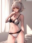 1girl absurd_res alluring animal_ear_fluff animal_ears artist_name bra cat_ears cat_girl chest_jewel collarbone commentary cowboy_shot curtains grey_hair hand_on_own_chin high_res indoors looking_at_viewer medium_breasts mio_(xenoblade) navel panties purple_eyes riro_(breakthrough_rr) short_hair stomach themed_bra themed_clothing themed_panties themed_underwear twitter_x_logo underwear underwear_only white_bra white_panties xenoblade_(series) xenoblade_chronicles_3 yellow_eyes