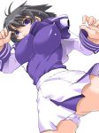  ahoge ayamine_kei black_hair bounce bouncing_breasts breasts large_breasts muv-luv muvluv panties pantyshot purple_eyes school_uniform serafuku shinama simple_background skirt underwear white_background 