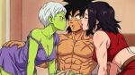  1boy 2_girls abs all_fours alternate_costume alternate_hairstyle bangs bare_arms bare_shoulders belt big_breasts black_eyes black_hair blush breasts broly broly_(dragon_ball_super) brown_belt cheelai cleavage closed_eyes collarbone dragon_ball dragon_ball_super dragon_ball_super_(the_movie_of_broly) dragon_ball_super_broly dress green_skin hair_between_eyes hair_down half-closed_eyes hetero incipient_kiss indoors kale licking long_hair looking_at_another looking_at_viewer love medium_breasts midriff mrfluffypotato multiple_girls muscle muscle muscular muscular_male naughty_face neck nightgown nipples off_shoulder open_mouth parted_bangs pink_eyes purple_dress purple_nightgown red_shirt romantic romantic_trio saiyan saiyan_girl scar shirt short_dress short_hair sitting sleeveless sleeveless_shirt smile strap_slip surprised thick_eyebrows toei_animation tongue tongue_out tr&iacute;o white_hair 