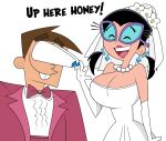  big_breasts black_hair blue_eyes bowtie bridal_veil bride brown_hair buckteeth earrings elbow_gloves english_text eyes_popping_out floral_head_wreath glasses gloves groom necklace nickelodeon pearl_necklace the_fairly_oddparents timmy_turner toonberculosis tootie tuxedo twin_pigtails wedding wedding_attire wedding_dress white_background 