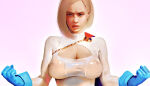 artist_request big_breasts blonde_hair blue_eyes blue_gloves covered_nipples cutout dc_comics diathorn erect_nipples gloves looking_at_viewer power_girl see-through_clothes short_hair simple_background superheroine turtleneck white_background