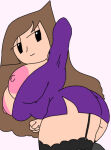  1girl absurd_res aliya_oliveira areolae armpit ass big_ass big_breasts big_nipples black_eyes breasts brown_hair cleavage dream-cassette dress female female_only garter_straps huge_areolae huge_breasts huge_nipples legwear light-skinned_female light_skin long_hair mature_female nipples purple_dress simple_background smile thick_thighs thighhighs 