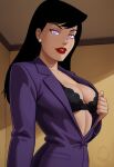  1girl arm_at_side black_bra black_hair bra breasts cleavage collarbone dc_comics earrings female_only female_solo grin hand_up indoors jacket jewelry lips lipstick lois_lane long_hair long_sleeves looking_at_viewer makeup medium_breasts mrfluffypotato naughty_face neck open_clothes open_jacket parted_lips pearl pearl_earrings purple_eyes purple_jacket red_lipstick small_breasts smile straight_hair superman:_the_animated_series superman_(series) white_earrings 