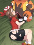  1girl ass clothed clothed_female fellatio may_(pokemon) nintendo on_side penis pokemon pokemon_(species) pokephilia ripped_clothing shorts solo_female solo_focus 
