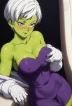  1girl adapted_costume bare_shoulders blush bodysuit breasts cheelai cleavage collarbone covered_navel dragon_ball dragon_ball_super dragon_ball_super_(the_movie_of_broly) dragon_ball_super_broly female_only female_solo gloves green_skin half-closed_eyes head_tilt looking_at_viewer medium_breasts mrfluffypotato naughty_face neck open_mouth pink_eyes purple_bodysuit short_hair smile strapless strapless_bodysuit toei_animation white_gloves white_hair 