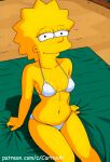  1girl 20th_century_studios ai-generated ai_generated beach black_eyes breasts cartoonai1 female_focus fox_corporation lisa_simpson looking_at_viewer micro_bikini navel sitting spiked_hair the_simpsons towel yellow_skin younger_female 