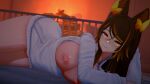 1girl 3d bedroom_eyes big_breasts breasts breasts_out brown_hair female_only fireplace hellhound indie_virtual_youtuber indie_vtuber jossta laying_on_floor living_room long_hair multicolored_hair nipples orange_eyes orange_hair orange_panties panties partially_clothed sinder_(vtuber) smile solo_female sweater virtual_youtuber vtuber white_sweater wolf_ears wolf_girl