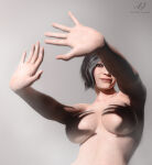  1girl 1girl 3d 5_fingers ada_wong ada_wong_(adriana) aged_up asian asian_female big_breasts big_lips big_mouth biohazard black_hair bob_cut breasts capcom content_smile convenient_censoring covered_nipples cropped_torso featureless_breasts full_lips grey_background grey_hair grey_highlights hand_focus hands hands_casting_shadow jokar light-skinned_female light_skin lips mature mature_woman medium_breasts meme no_nipples older older_female patreon_username reference resident_evil resident_evil_2 resident_evil_2_remake resident_evil_4 resident_evil_4_remake shadow shadow_hands_challenge short-haired_female short_hair smile topless upper_body upper_body_only 