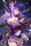 1girl ai_generated arm_armor armor big_breasts braided_ponytail breasts breasts_out clothed clothed_female female_only genshin_impact hair_accessory hair_ornament head_accessory head_ornament long_hair nipples obi purple_eyes purple_hair raaicave raiden_shogun ripped_clothes sash solo_female sword sword_between_breasts