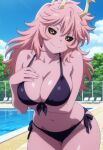 1girl ai_generated arm_under_breasts big_breasts bikini black_sclera blush boku_no_hero_academia breasts cleavage female_only golden_eyes hand_on_chest hand_on_own_chest horns long_hair mina_ashido outdoor_pool outside pink_hair pink_skin pool poolside purple_bikini smile solo_female vegaforge