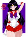  1girl alternate_breast_size_(larger) arm_behind_head artist_logo artist_name big_breasts bishoujo_senshi_sailor_moon black_hair border bow bowtie breasts brooch choker commentary covered_navel cowboy_shot drawlab33t dress earrings elbow_gloves female_only gloves high_res jewelry logo long_hair miniskirt purple_background purple_bow red_choker red_skirt sailor_collar sailor_mars sailor_senshi_uniform skirt sleeveless sleeveless_dress tiara white_border 