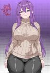  1girl alternate_breast_size_(larger) artist_logo artist_name big_breasts black_pants blush breasts brown_sweater doki_doki_literature_club drawlab33t female_only hair_between_eyes hair_ornament hairclip high_res light_smile logo long_hair official_alternate_costume pants pixel_art purple_eyes purple_hair ribbed_sweater sweater thick_thighs thighs turtleneck turtleneck_sweater yuri_(doki_doki_literature_club) 