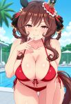  1girl ai_generated big_breasts bikini blush breasts brown_hair cleavage female_only finger_on_chin finger_to_chin gentildonna_(umamusume) hair_accessory hair_ornament horse_ears horse_girl horse_tail leaning_forward outdoor_pool outside pink_eyes pool poolside red_bikini smile solo_female umamusume umamusume_pretty_derby vegaforge 