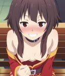 1girl 1girls ai_generated bare_shoulders black_collar blush breasts breasts_out brown_hair collar dress dress_down female_only kono_subarashii_sekai_ni_shukufuku_wo! konosuba medium_breasts megumin nipples red_dress red_eyes short_hair sitting sitting_on_bench smile solo_female teasing