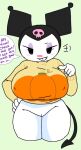 1girl big_breasts black_eyes blush blush_stickers body_fur bottomless breasts cassettedream colored_skin cropped_legs dream-cassette female female_only furry furry_female grin half-closed_eyes halloween hand_on_own_hip headwear hoshime huge_breasts jester kuromi legs_together long_sleeves looking_at_viewer onegai_my_melody pumpkin pussy sanrio simple_background smug smug_face solo speech speech_bubble standing sweater tail teeth text thick_thighs thighs white_fur white_skin wide_hips yellow_sweater