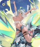 1girl ankle_ribbon azur_lane big_breasts blue_eyes blush breasts breasts_out clothed clothed_female dark-skinned_female dead_or_alive_xtreme_venus_vacation edit female_only jean_shorts long_hair mofumochii necklace nipples open_shorts patty_(doa) pink_ribbon pussy pussy ribbon sandals short_shorts shorts silver_hair solo_female thighlet third-party_edit zipper_down