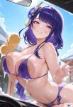  1girl ai_generated big_breasts bikini braided_ponytail breasts breasts_pressed_on_glass cleavage female_only genshin_impact hair_accessory hair_ornament head_accessory head_ornament long_hair nipples nipples_visible_through_bikini on_car outside pressed_on_glass purple_bikini purple_eyes purple_hair raiden_shogun smile solo_female sponge washing_car wet yumeyasha 