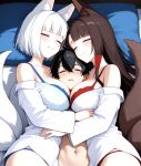  1boy 2_girls ai_generated akagi_(azur_lane) aunt_and_nephew azur_lane bare_shoulders big_breasts blouse blue_bra blue_panties blush bra breasts brown_hair cleavage closed_eyes fox_ears fox_girl fox_tails hair_accessory hair_ornament hugging in_bed kaga_(azur_lane) long_hair mother_&amp;_son naked_male nude nude nude_male panties partially_clothed red_bra red_panties ship_girl sisters sleeping smile white_blouse white_hair wholesome 
