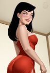  1girl alternate_costume arms_at_sides back bare_arms bare_shoulders black_hair blush breasts dc_comics dress female_only female_solo from_behind from_below grin indoors jewelry lips lipstick lois_lane long_hair looking_at_viewer looking_back makeup medium_breasts mrfluffypotato naughty_face neck parted_lips pearl pearl_earrings purple_eyes red_dress red_lipstick side_slit sideboob small_breasts smile straight_hair strapless strapless_dress superman:_the_animated_series superman_(series) white_earrings 