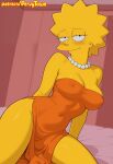  1girl 20th_century_studios aged_up blush female_focus fox_corporation hotel_room jewelry lisa_simpson nipples_visible_through_clothing pearl_necklace pervytown red_dress room seductive_look seductive_pose sitting small_breasts spiked_hair the_simpsons yellow_skin younger_female 