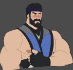 1boy 2023 bara black_hair blush fully_clothed human male mortal_kombat muscular muscular_male nipple no_visible_genitalia plain_background revealyoursins scar scar_across_eye sleeveless solo_male sub-zero