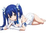  1girl blue_eyes cosplay dungeon_ni_deai_wo_motomeru_no_wa_machigatteiru_darou_ka fairy_tail female_focus gloves hestia_(danmachi) hestia_(danmachi)_(cosplay) lying ribbon sesshoalex short_dress simple_background small_breasts twin_tails wendy_marvell white_background white_dress yellow_eyes younger_female 