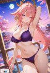  1girl ai_generated arm_behind_head big_breasts bra bra_and_panties breasts cleavage earrings female_only fox_ears fox_girl genshin_impact hair_accessory hair_ornament head_accessory head_ornament long_hair moon one_eye_closed panties pink_hair purple_bra purple_eyes purple_panties smile solo_female sunset yae_miko_(genshin_impact) yumeyasha 