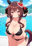  1girl ai_generated arm_under_breasts big_breasts bikini black_bikini blush breasts brown_hair cleavage female_only gentildonna_(umamusume) hair_accessory hair_ornament horse_ears horse_girl horse_tail leaning_forward outdoor_pool outside pink_eyes pool poolside smile solo_female umamusume umamusume_pretty_derby vegaforge 