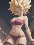  1girl adapted_costume arms_at_sides bangs bare_arms bare_shoulders big_breasts black_background blonde_female blonde_hair blue_eyes bra breasts brown_legwear brown_thighhighs caulifla cleavage collarbone dragon_ball dragon_ball_super electricity female_only female_solo garter_straps grin hair_up legs legs_together legwear lingerie long_hair looking_at_viewer midriff mrfluffypotato naughty_face navel neck panties parted_bangs parted_lips pink_bra pink_lingerie pink_panties pink_tubetop pink_underwear saiyan saiyan_girl smile spiky_hair standing stockings strapless strapless_bra super_saiyan super_saiyan_2 thighs toei_animation tubetop underwear 