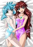  2girls ass bed blue_eyes blue_hair blush breasts cleavage daniel_fielding dita_liebely duplicate green_eyes green_panties jewelry lingerie long_hair lying meia_gisborn multiple_girls necklace nightgown on_back on_side pale_skin panties purple_panties red_hair short_hair side-tie_panties underwear underwear_only vandread very_long_hair yuri 